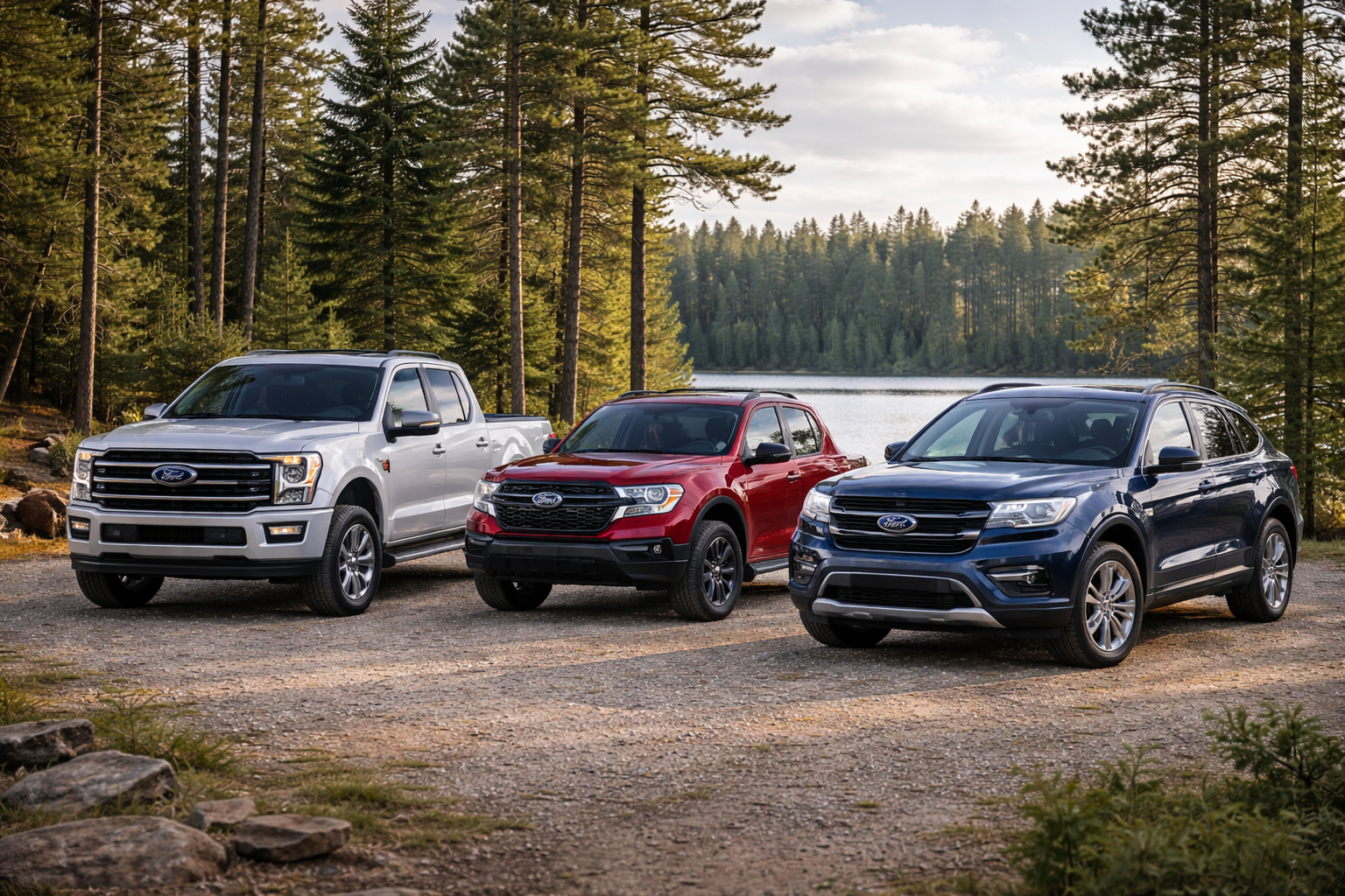 2026 Ford F-150, Bronco Sport, and Explorer parked near a forest and lake in the Northwoods of Northern Wisconsin