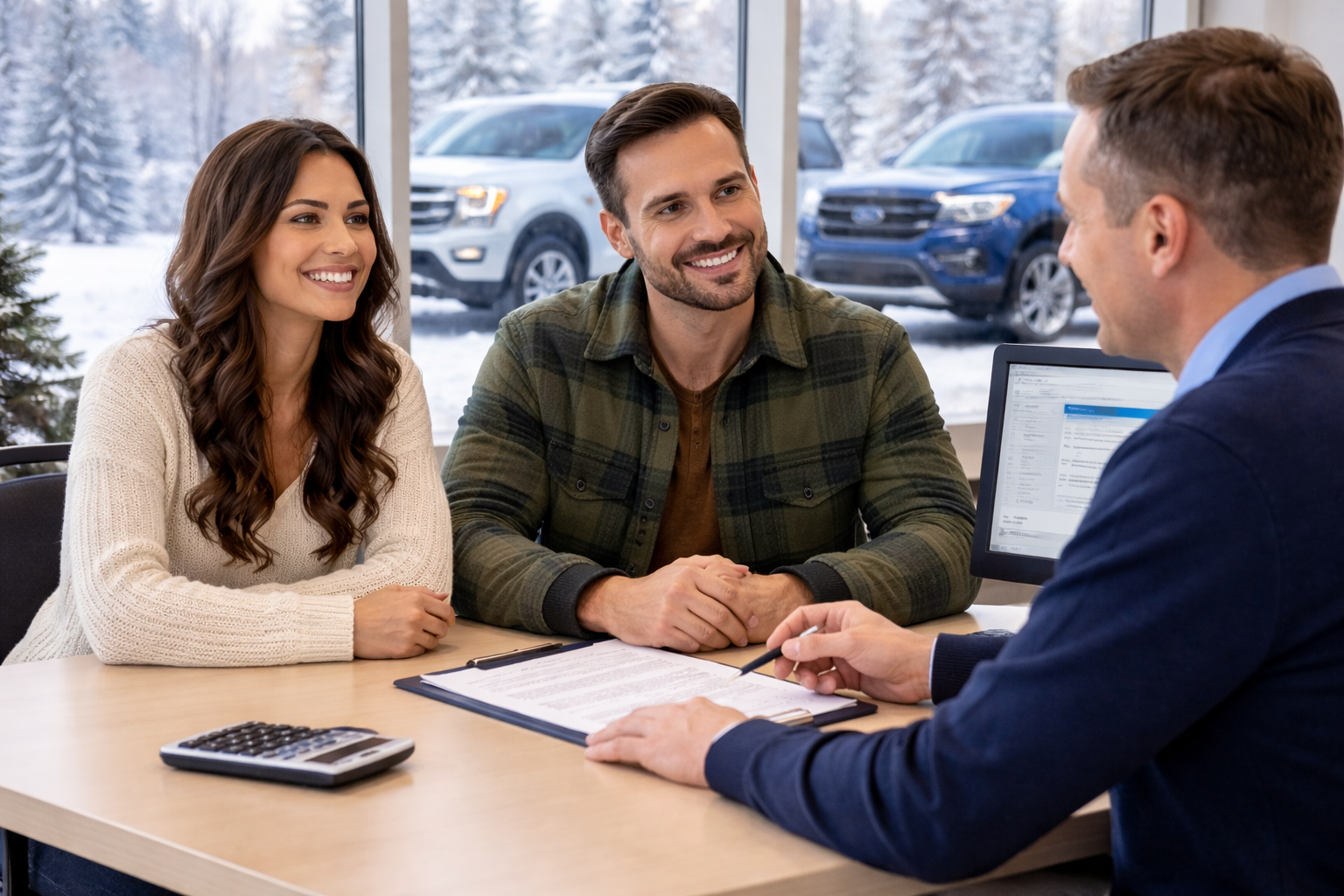 Customer meeting with a finance representative to review auto loan options at Northwoods Ford in Park Falls Wisconsin