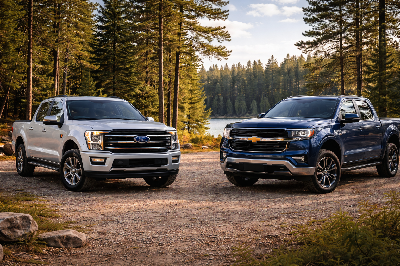 2026 Ford F-150 and 2026 Chevrolet Silverado parked facing each other in a head to head full size truck comparison