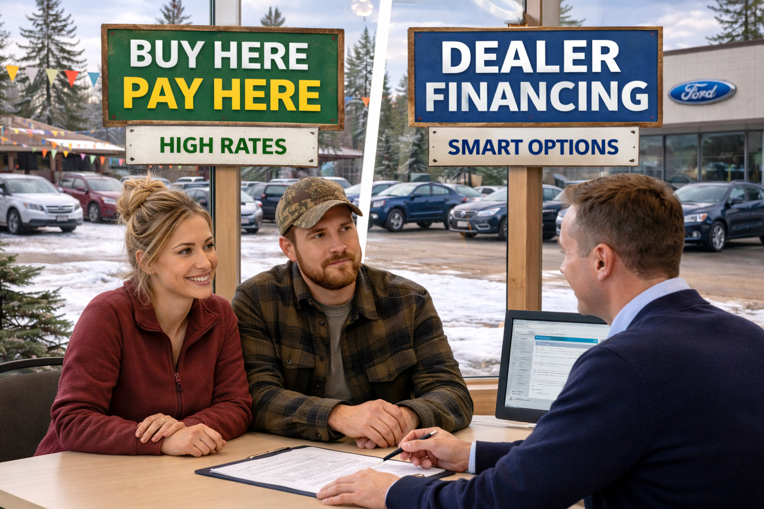 Couple meeting with a dealership finance representative to compare buy here pay here and traditional dealer financing options in Northern Wisconsin
