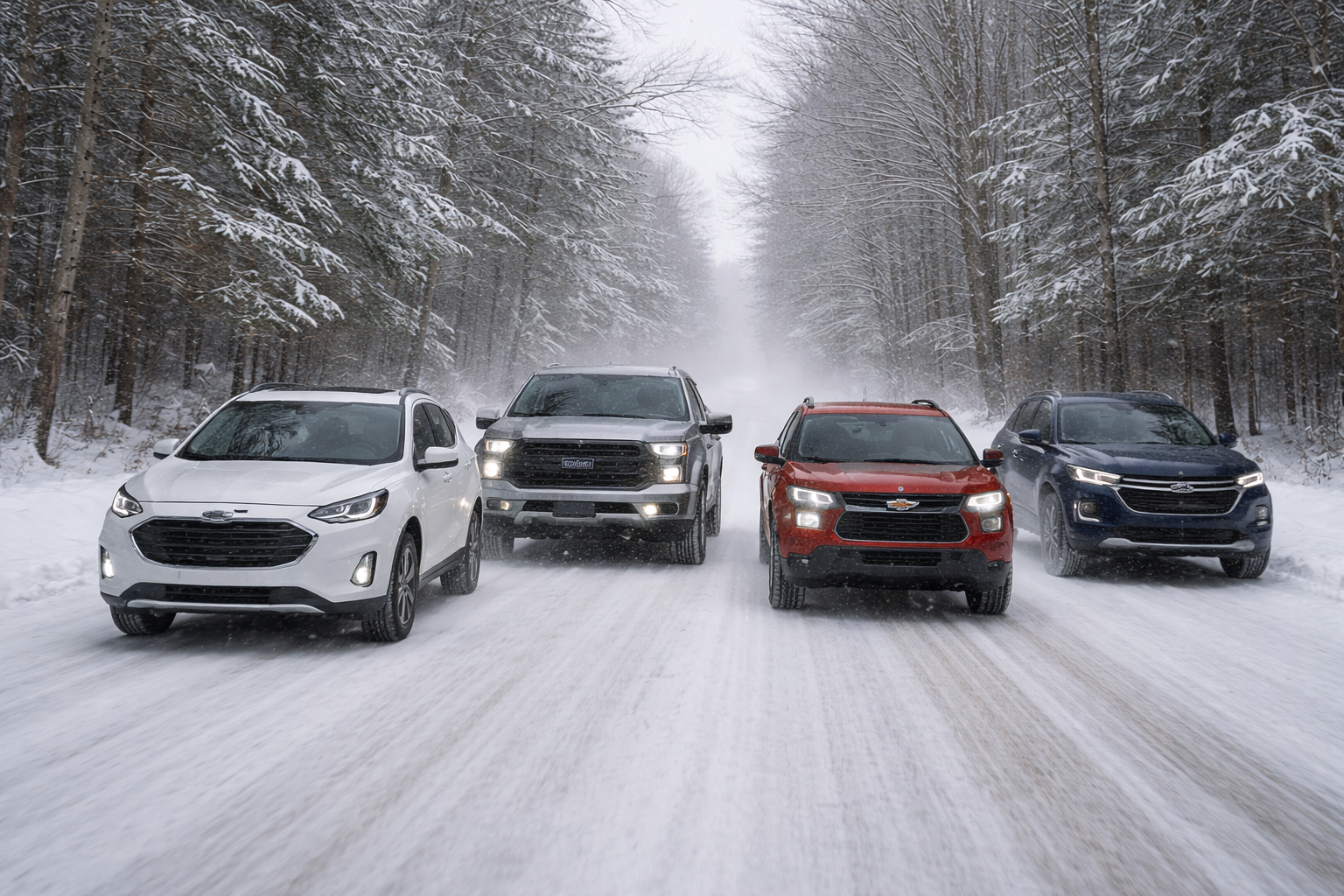 Ford SUVs and trucks driving on a snow-covered road demonstrating winter performance and traction in Northern Wisconsin.